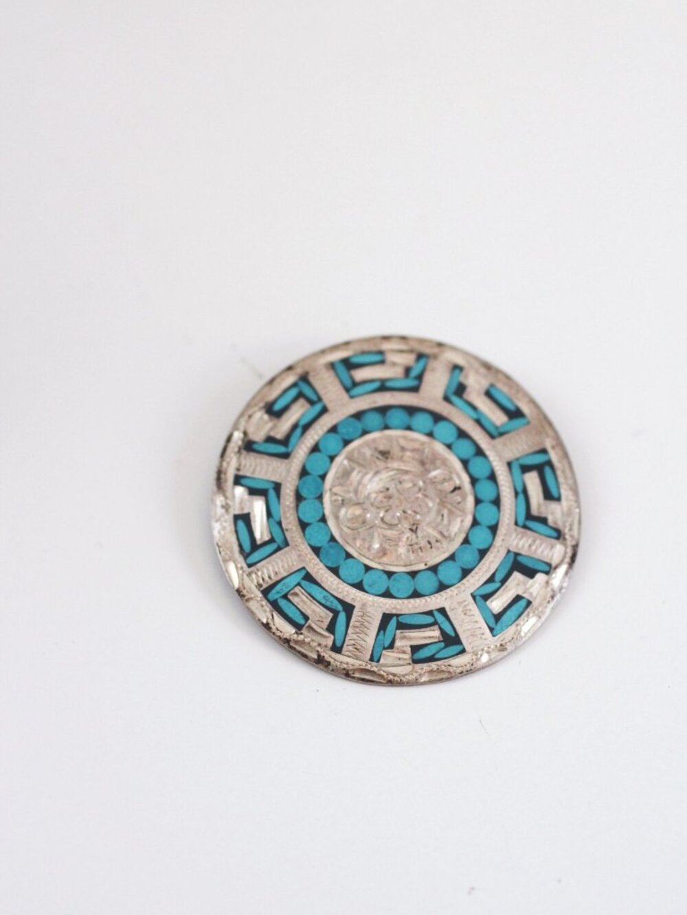 Vintage Sterling Silver Turquoise Brooch Pendant Mosaic Inlay Aztec Mayan - Picture 4 of 8